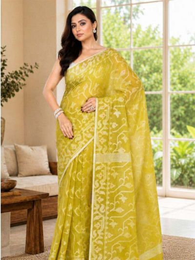 SKU SEJ2665 Ships in 11 daysNew Handloom Pure Cotton Jamdani Saree in Light Green