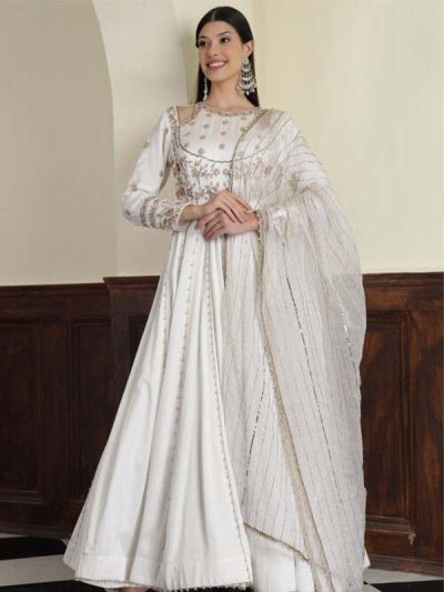  KLQ27 Ships in 16 days Hand Embroidered Modal Silk Abaya Style Suit in Off White 4.0 (4131) on 