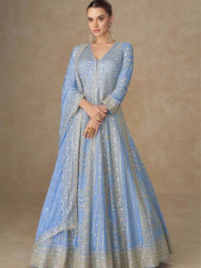  KJC7761 Ships in 11 daysNew Embroidered Chinon Silk Abaya Style Suit in Blue