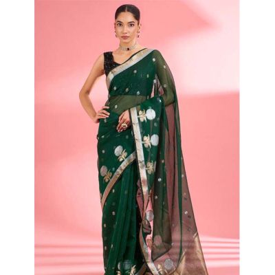 SKU SJTA110 Ships in 16 days Woven Kota Doria Saree in Dark Green 4131 Reviews on 
