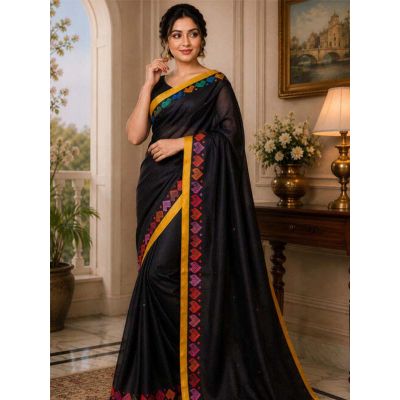 SKU SEJ2609 Ships in 11 days Pre-stitched Chanderi Cotton Saree in Black 4131 Reviews on 