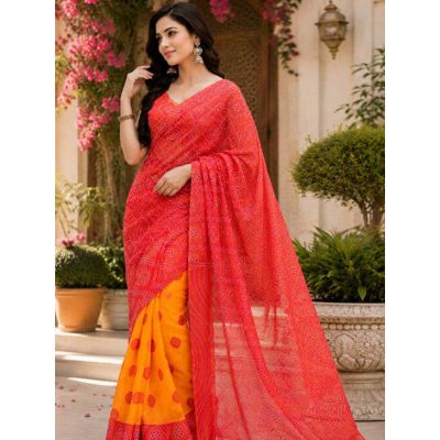 SKU SEJ2615 Ships in 11 days Pre-stitched Chanderi Cotton Saree in Red and Yellow