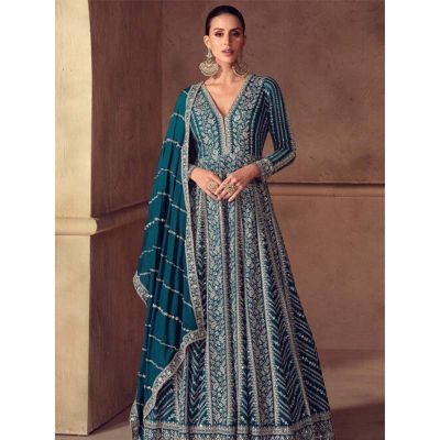 Embroidered Chinon Silk Abaya Style Suit in Teal Green 4.0 (4131) on 