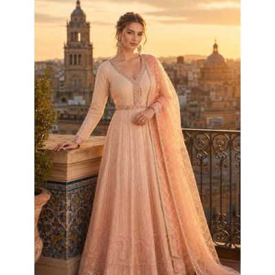  KQT983 Ships in 11 days Chikankari Georgette Abaya Style Suit in Peach 4.0 (4131) on 