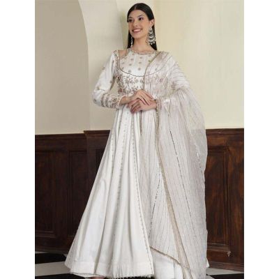  KLQ27 Ships in 16 days Hand Embroidered Modal Silk Abaya Style Suit in Off White 4.0 (4131) on 