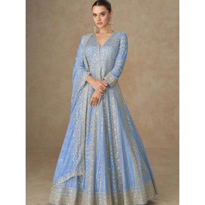  KJC7761 Ships in 11 daysNew Embroidered Chinon Silk Abaya Style Suit in Blue