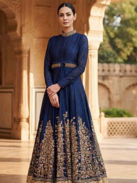 SKU TJW2574 Ready to ShipNew Embroidered Raw Silk Gown in Navy Blue 4131 Reviews on 