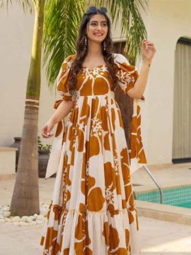 SKU TFJ171 Ships in 11 days Digital Printed Cambric Cotton Gown in Off White