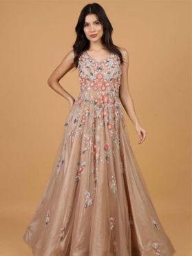 SKU TUW33 Ships in 16 days Hand Embroidered Net Gown with Attached Dupatta in Brown 4131 Reviews on 