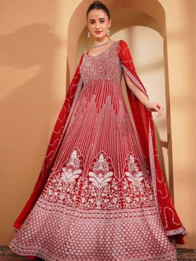 SKU TUW24 Ships in 16 days Hand Embroidered Georgette Gown in Red 4131 Reviews on 