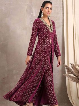  SKU TWR251 Ships in 14 days Foil Printed Velvet Front Slit A Line Kurta in Dark Magenta 4131 Reviews on 