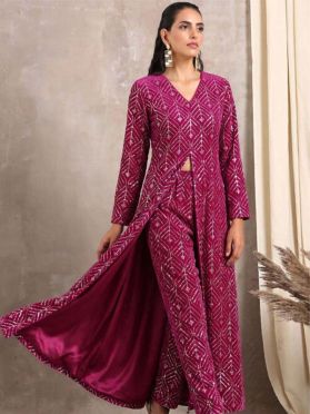 SKU TWR247 Ships in 14 days Embroidered Velvet Front Slit A Line Kurta in Fuchsia 4131 Reviews on 