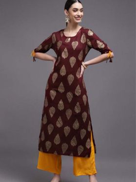 SKU TBF920 Ships in 11 days Foil Printed Rayon Straight Kurta in Brown 4131 Reviews on 