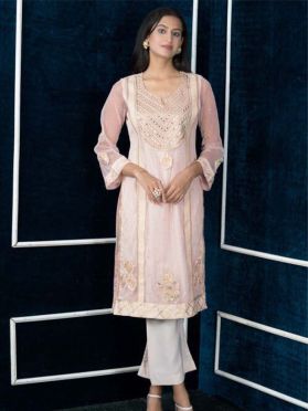 SKU TNC1829 Ready to Ship Embroidered Net Straight Kurta in Light Beige