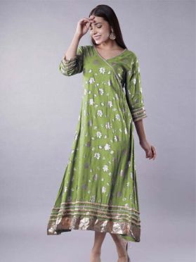  SKU TBN206 Ready to Ship Foil Printed Rayon Aline Kurta in Green 4131 Reviews on 