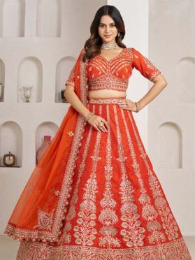  SKU LGM1402 Ships in 14 daysNew Embroidered Art Silk Lehenga in Orange 4131 Reviews on 