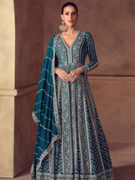 Embroidered Chinon Silk Abaya Style Suit in Teal Green 4.0 (4131) on 