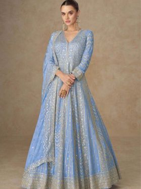  KJC7761 Ships in 11 daysNew Embroidered Chinon Silk Abaya Style Suit in Blue