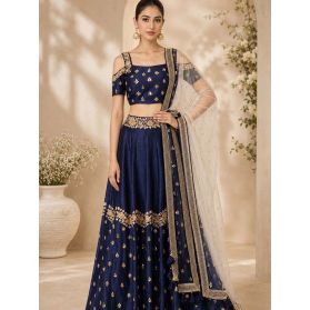 SKU LBU11 Ships in 14 daysNew Hand Embroidered Art Silk Lehenga in Navy Blue 4131 Reviews on 