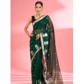 SKU SJTA110 Ships in 16 days Woven Kota Doria Saree in Dark Green 4131 Reviews on 