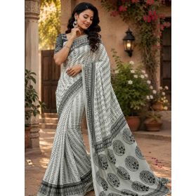  SKU SEJ2619 Ships in 11 days Pre-stitched Chanderi Cotton Saree in White