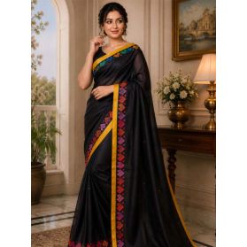 SKU SEJ2609 Ships in 11 days Pre-stitched Chanderi Cotton Saree in Black 4131 Reviews on 