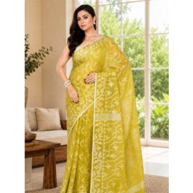 SKU SEJ2665 Ships in 11 daysNew Handloom Pure Cotton Jamdani Saree in Light Green