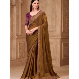 Embroidered Border Satin Georgette Saree in Dark Mustard