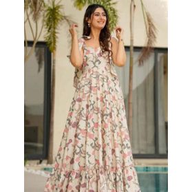 SKU TFJ172 Ships in 11 days Digital Printed Cambric Cotton Gown in Off White
