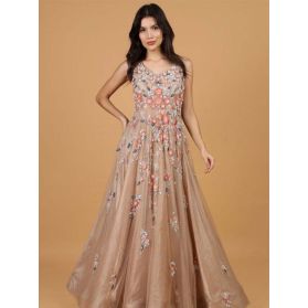 SKU TUW33 Ships in 16 days Hand Embroidered Net Gown with Attached Dupatta in Brown 4131 Reviews on 