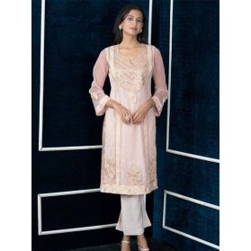 SKU TNC1829 Ready to Ship Embroidered Net Straight Kurta in Light Beige