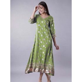  SKU TBN206 Ready to Ship Foil Printed Rayon Aline Kurta in Green 4131 Reviews on 