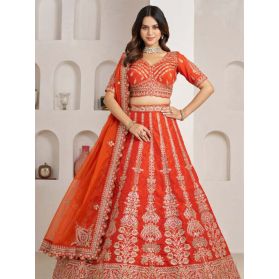  SKU LGM1402 Ships in 14 daysNew Embroidered Art Silk Lehenga in Orange 4131 Reviews on 
