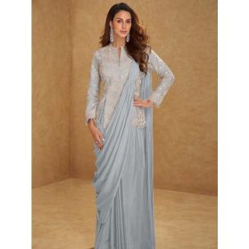 SKU SKGA3240 Ships in 9 days Pre-Stitched Chinon Silk Saree in Dusty Blue