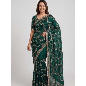 Embroidered Chiffon Scalloped Saree in Dark Green