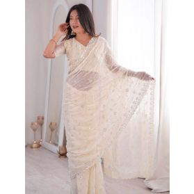 SKU SPTA17067 Ships in 10 daysNew Embroidered Art Silk Scalloped Saree in Cream