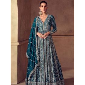 Embroidered Chinon Silk Abaya Style Suit in Teal Green 4.0 (4131) on 