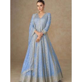  KJC7761 Ships in 11 daysNew Embroidered Chinon Silk Abaya Style Suit in Blue